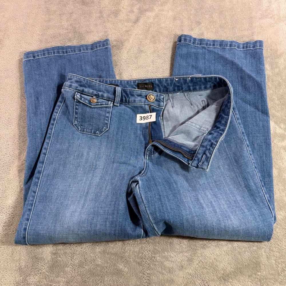 Talbots Classic Jean Trouser Women 12P Blue Priscilla Wash Wide Leg Stretch Chic